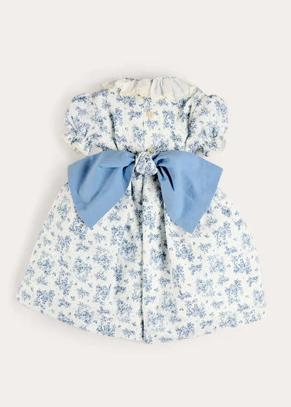 Audrey Toile Hand Smocked Ruffle Collar Short Sleeve Dress in Blue (12mths- 10yrs) DRESSES from Pepa London