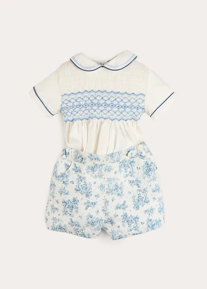 Audrey Toile Peter Pan Collar Hand Smocked Two Piece Set in Blue (6mths-3yrs) TWO PIECE SETS from Pepa London