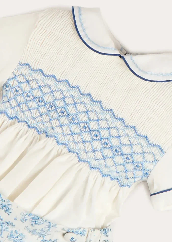 Audrey Toile Peter Pan Collar Hand Smocked Two Piece Set in Blue (6mths-3yrs) TWO PIECE SETS from Pepa London