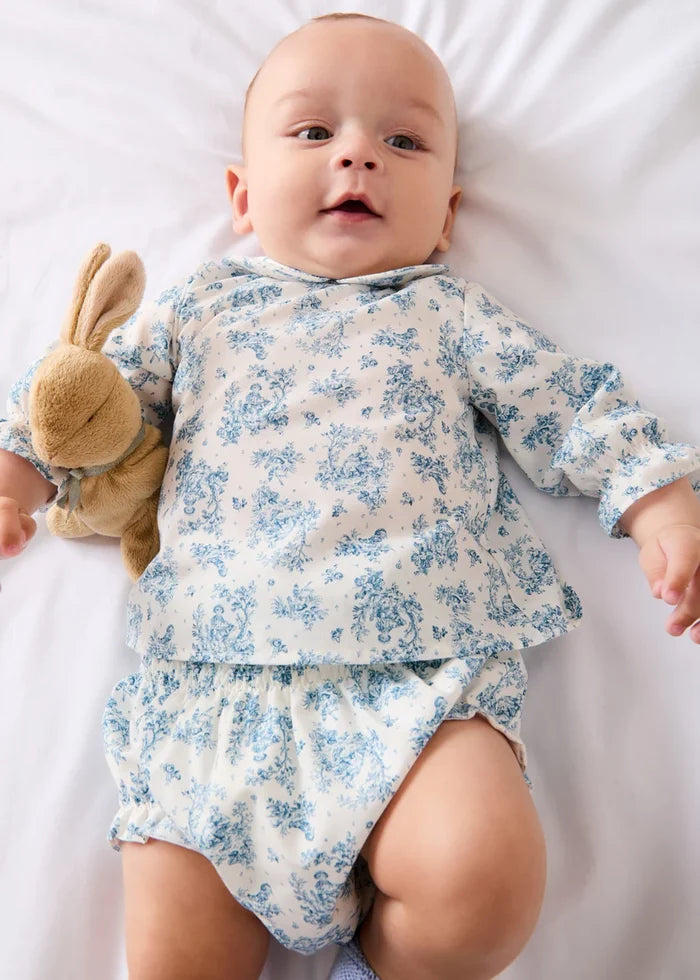 Audrey Toile Peter Pan Collar Long Sleeve Blouse in Blue (1mth-12mths) BLOUSES from Pepa London