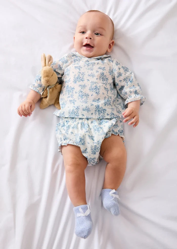 Audrey Toile Peter Pan Collar Long Sleeve Blouse in Blue (1mth-12mths) BLOUSES from Pepa London