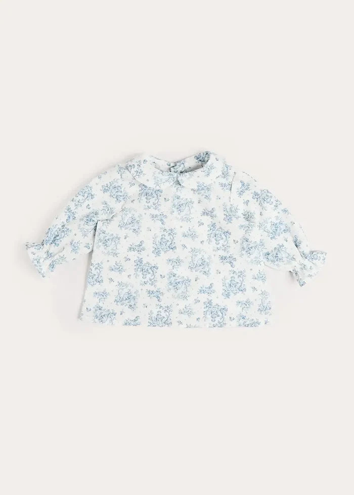 Audrey Toile Peter Pan Collar Long Sleeve Blouse in Blue (1mth-12mths) BLOUSES from Pepa London