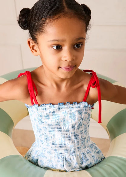 Audrey Toile Smocked Detail Swimsuit in Blue (12mths- 10yrs) SWIMWEAR from Pepa London