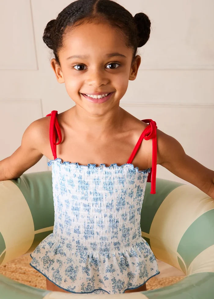 Audrey Toile Smocked Detail Swimsuit in Blue (12mths- 10yrs) SWIMWEAR from Pepa London