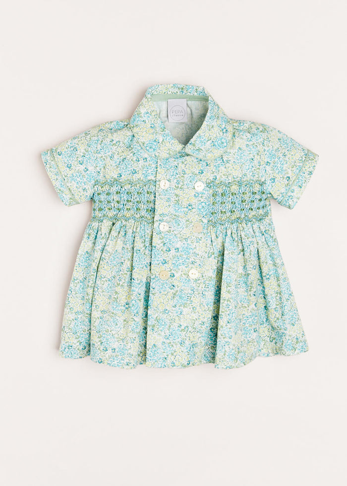Avery Floral Print Hand Smocked Short Sleeve Shirt in Green (6mths-2yrs) SHIRTS from Pepa London