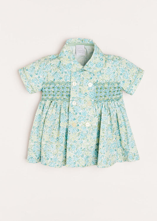 Avery Floral Print Hand Smocked Short Sleeve Shirt in Green (6mths-2yrs) SHIRTS from Pepa London