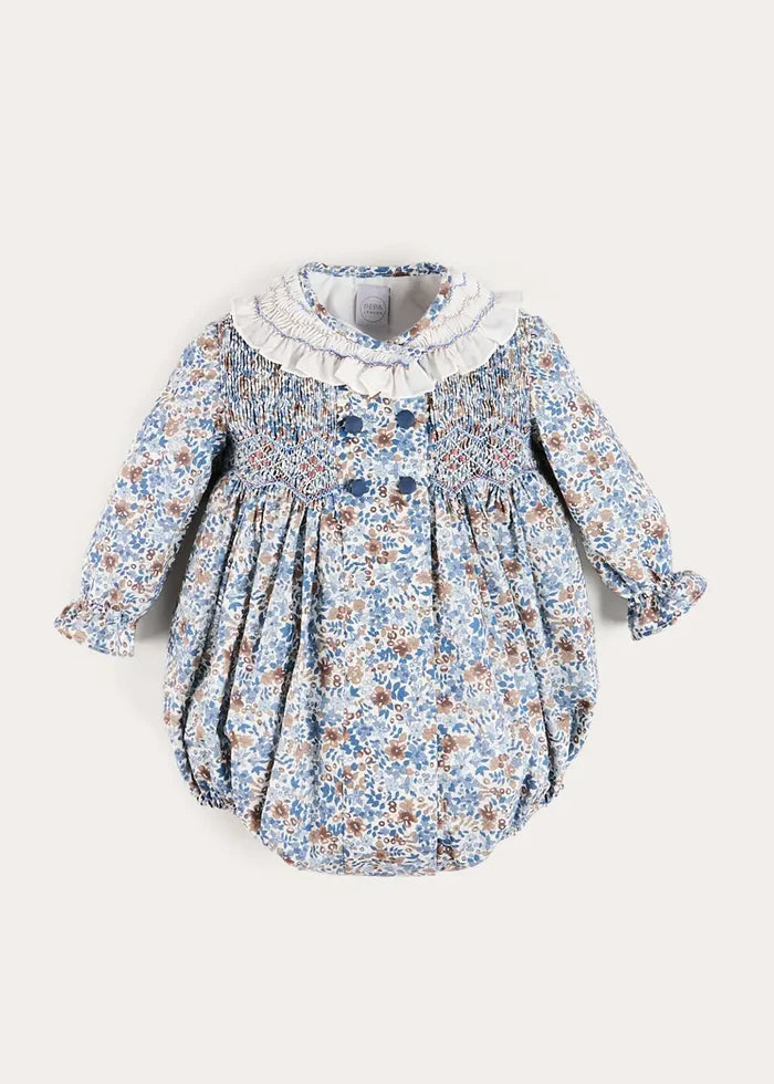 Beatrice Floral Hand Smocked Double Breasted Romper in Blue (6mths-3yrs) ROMPERS from Pepa London
