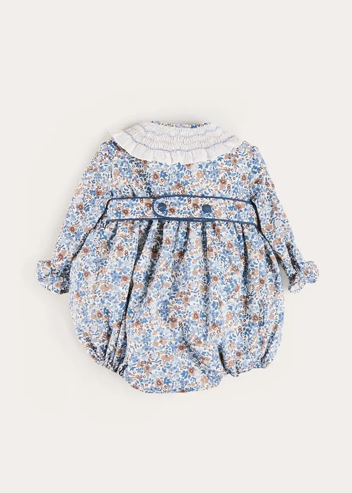 Beatrice Floral Hand Smocked Double Breasted Romper in Blue (6mths-3yrs) ROMPERS from Pepa London