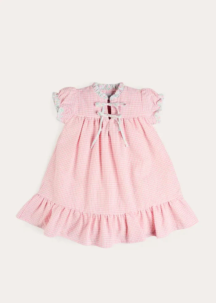 Beauchamp Gingham Ruffle Hem Floral Trim Night Dress in Pink (18mths- 10yrs) NIGHTWEAR from Pepa London