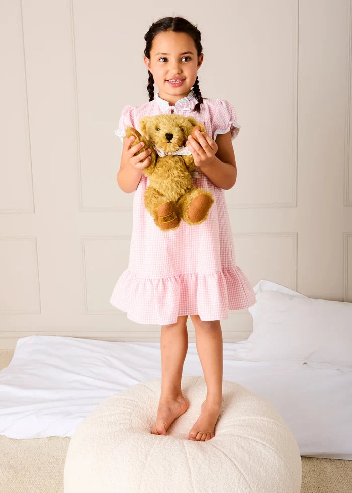 Beauchamp Gingham Ruffle Hem Floral Trim Night Dress in Pink (18mths- 10yrs) NIGHTWEAR from Pepa London