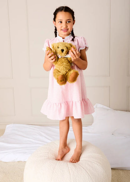 Beauchamp Gingham Ruffle Hem Floral Trim Night Dress in Pink (18mths- 10yrs) NIGHTWEAR from Pepa London