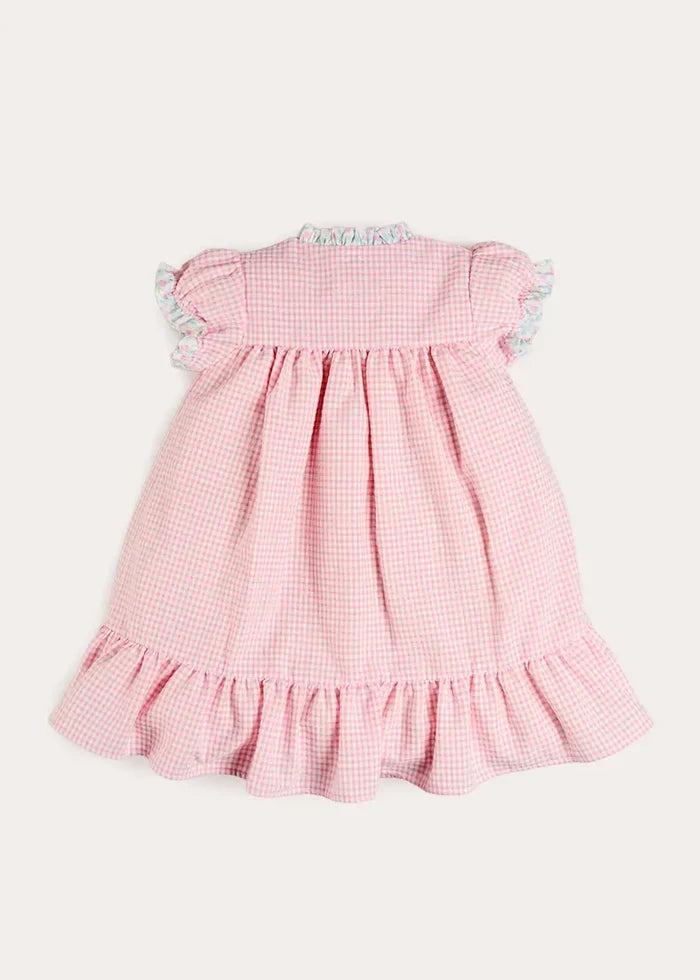 Beauchamp Gingham Ruffle Hem Floral Trim Night Dress in Pink (18mths- 10yrs) NIGHTWEAR from Pepa London