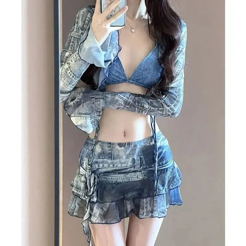 Bikini Swimsuit Fashion Retro Denim Blue Bikini Four Piece Women's Sexy Lingerie Spa Beach Vacation Slim Sexy Hottie Swimwear