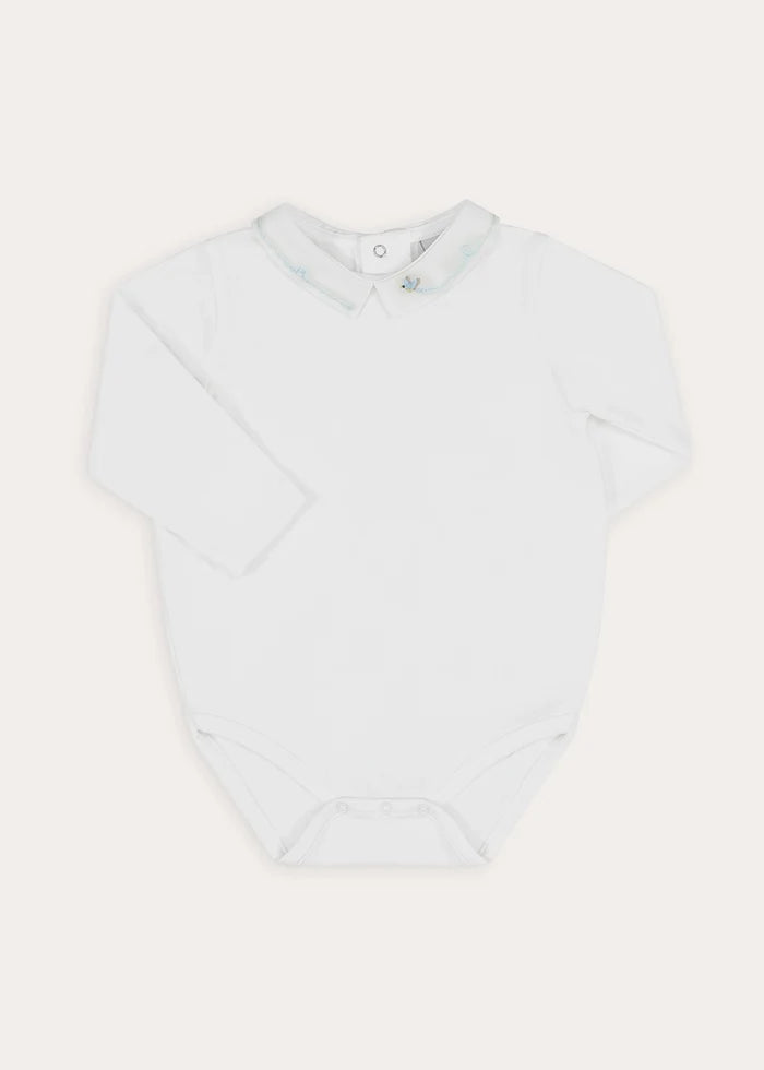 Birdie Hand Embroidered Long Sleeve Bodysuit in White (1-18mths) Tops & Bodysuits from Pepa London