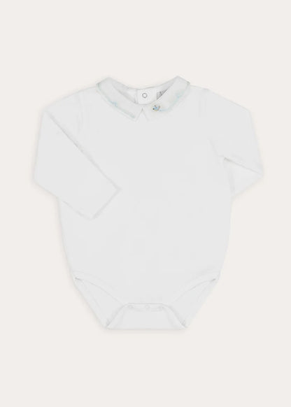 Birdie Hand Embroidered Long Sleeve Bodysuit in White (1-18mths) Tops & Bodysuits from Pepa London