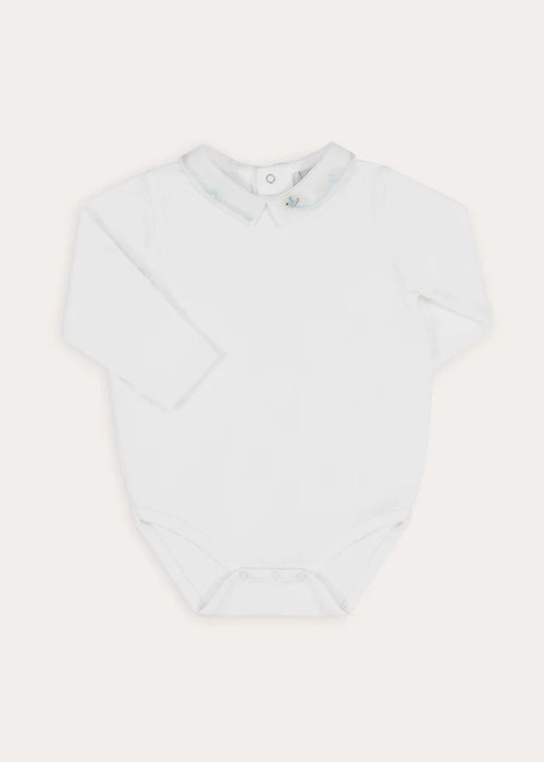 Birdie Hand Embroidered Long Sleeve Bodysuit in White (1-18mths) Tops & Bodysuits from Pepa London