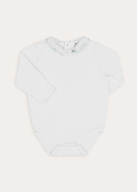 Birdie Hand Embroidered Long Sleeve Bodysuit in White (1-18mths) Tops & Bodysuits from Pepa London
