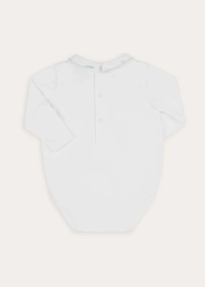 Birdie Hand Embroidered Long Sleeve Bodysuit in White (1-18mths) Tops & Bodysuits from Pepa London