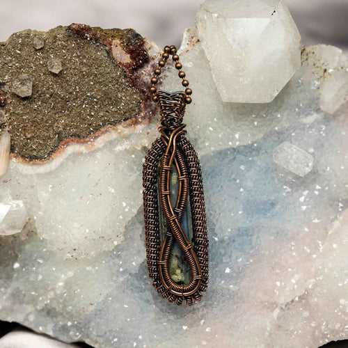 Blue Kyanite Crystal Wire Wrap Pendant Copper Blade