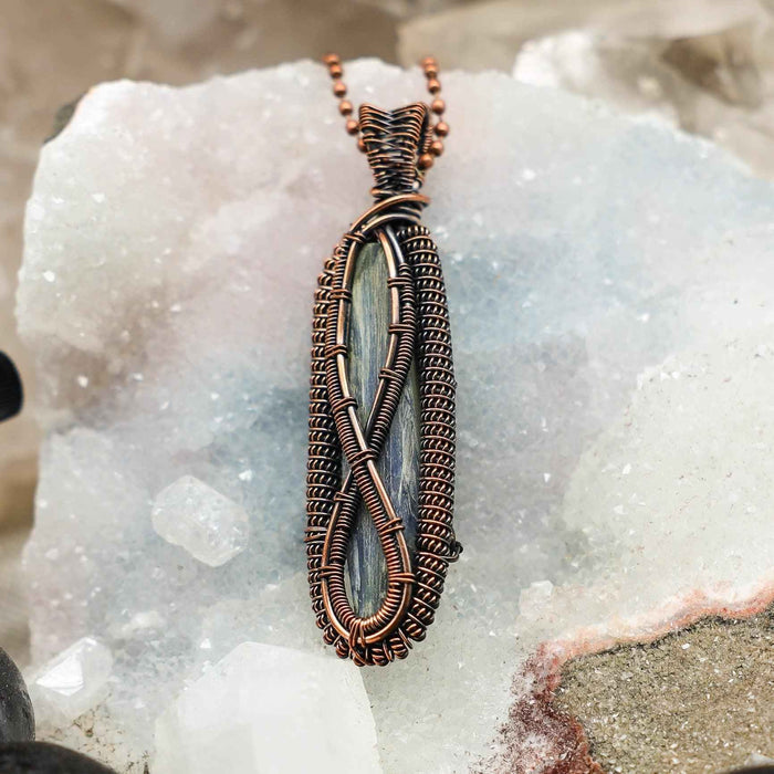 Blue Kyanite Crystal Wire Wrapped Pendant in Copper