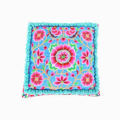 Blue Lagoon Floral Embroidered Pom Pom Cushion Cover - Thailand