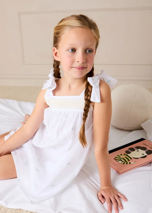 Bluebell Embroidered Bow Shoulder Tie Night Dress in White (18mths- 10yrs) NIGHTWEAR from Pepa London