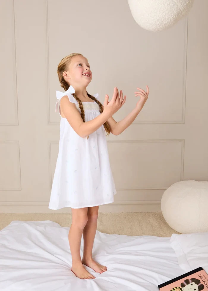 Bluebell Embroidered Bow Shoulder Tie Night Dress in White (18mths- 10yrs) NIGHTWEAR from Pepa London