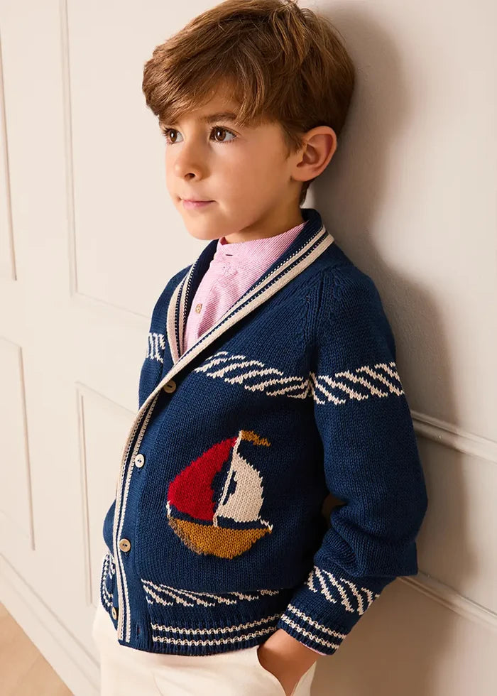 Boat Motif Knitted Cardigan in Navy (2- 10yrs) KNITWEAR from Pepa London
