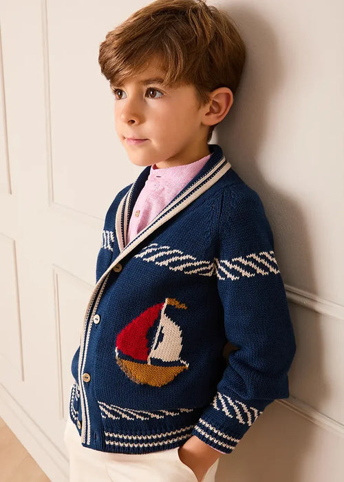 Boat Motif Knitted Cardigan in Navy (2- 10yrs) KNITWEAR from Pepa London