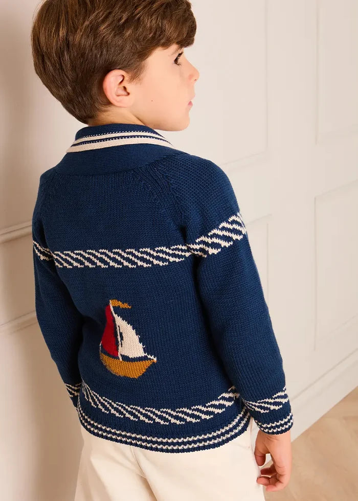 Boat Motif Knitted Cardigan in Navy (2- 10yrs) KNITWEAR from Pepa London