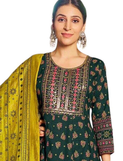 Bottle Green - Cotton Block Printed Long Dress with Dupatta - Available in Sizes 14(40") & 20 (46") - BH1002 KK 0924