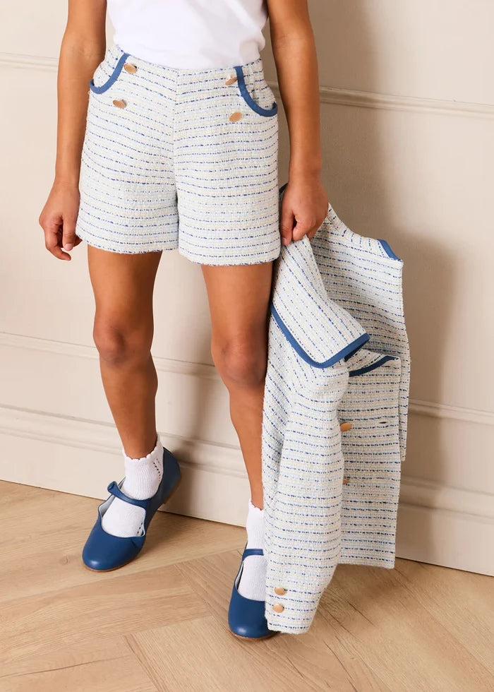 Brighton Boucle Tweed Gold Button Shorts in Blue (4-12yrs) SHORTS from Pepa London