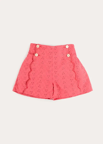 Broderie Anglaise High Waisted Shorts in Strawberry (4-12yrs) SHORTS from Pepa London