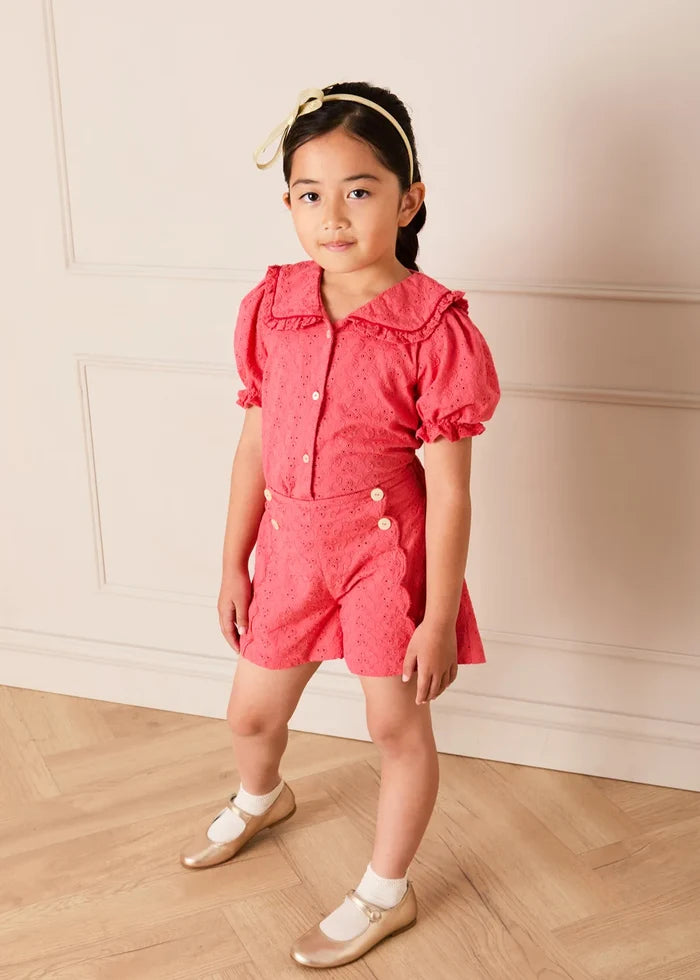 Broderie Anglaise Mariner Collar Blouse in Strawberry (4-12yrs) BLOUSES from Pepa London