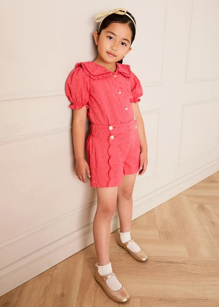 Broderie Anglaise Mariner Collar Blouse in Strawberry (4-12yrs) BLOUSES from Pepa London