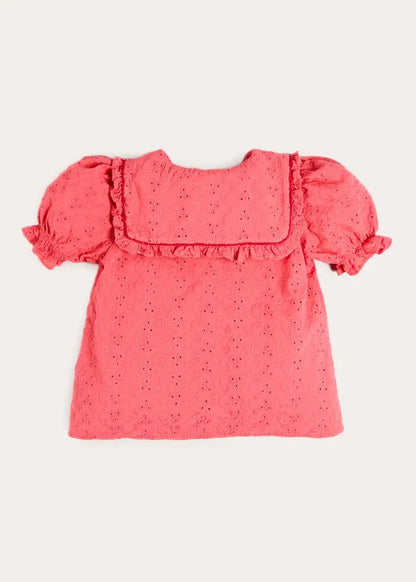 Broderie Anglaise Mariner Collar Blouse in Strawberry (4-12yrs) BLOUSES from Pepa London