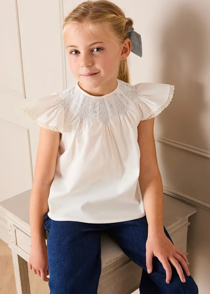 Butterfly Embroidered Lace Detail Cap Sleeve Blouse in White (18mths-10yrs) BLOUSES from Pepa London