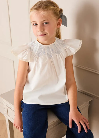 Butterfly Embroidered Lace Detail Cap Sleeve Blouse in White (18mths-10yrs) BLOUSES from Pepa London