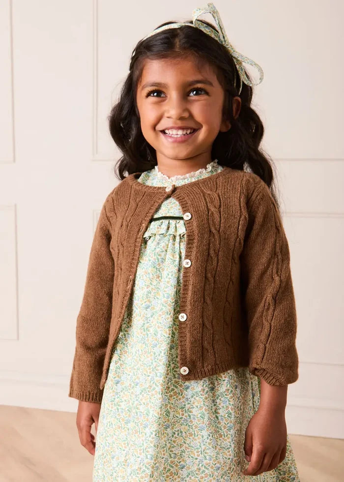 Adelaide Floral Velvet Bow Long Sleeve Trapeze Dress in Green (18mths-10yrs) DRESSES from Pepa London
