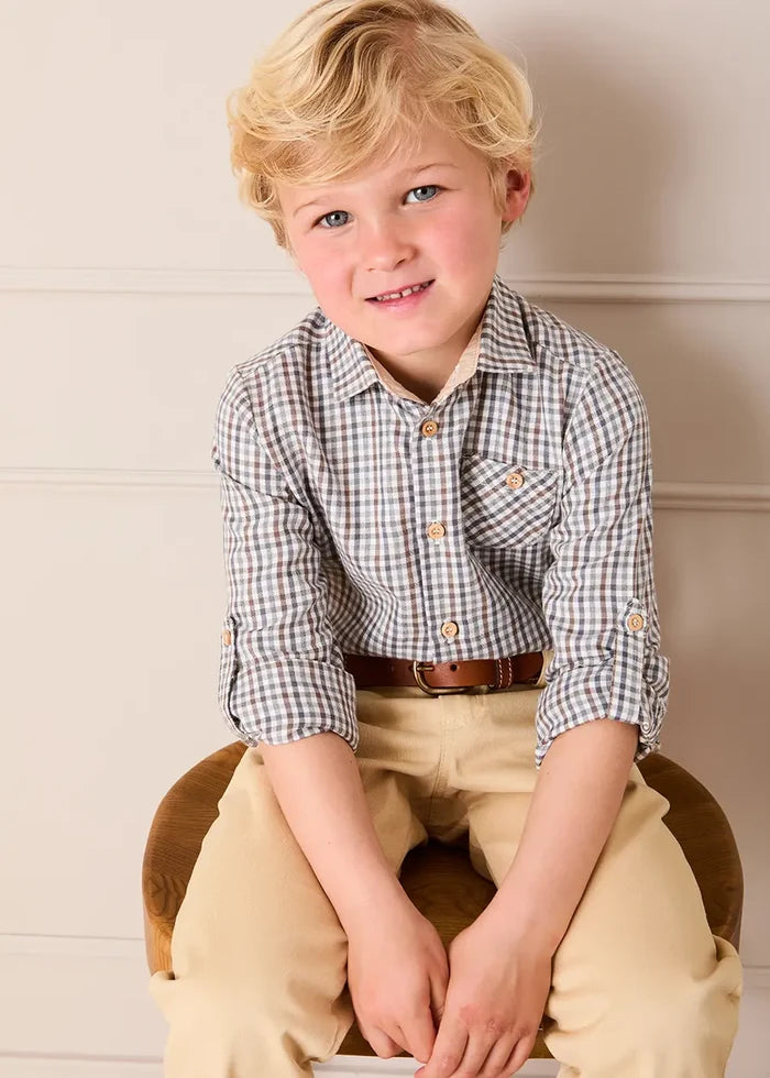 Cadogan Houndstooth Polo Collar Long Sleeve Shirt in Beige (3-10yrs) SHIRTS from Pepa London