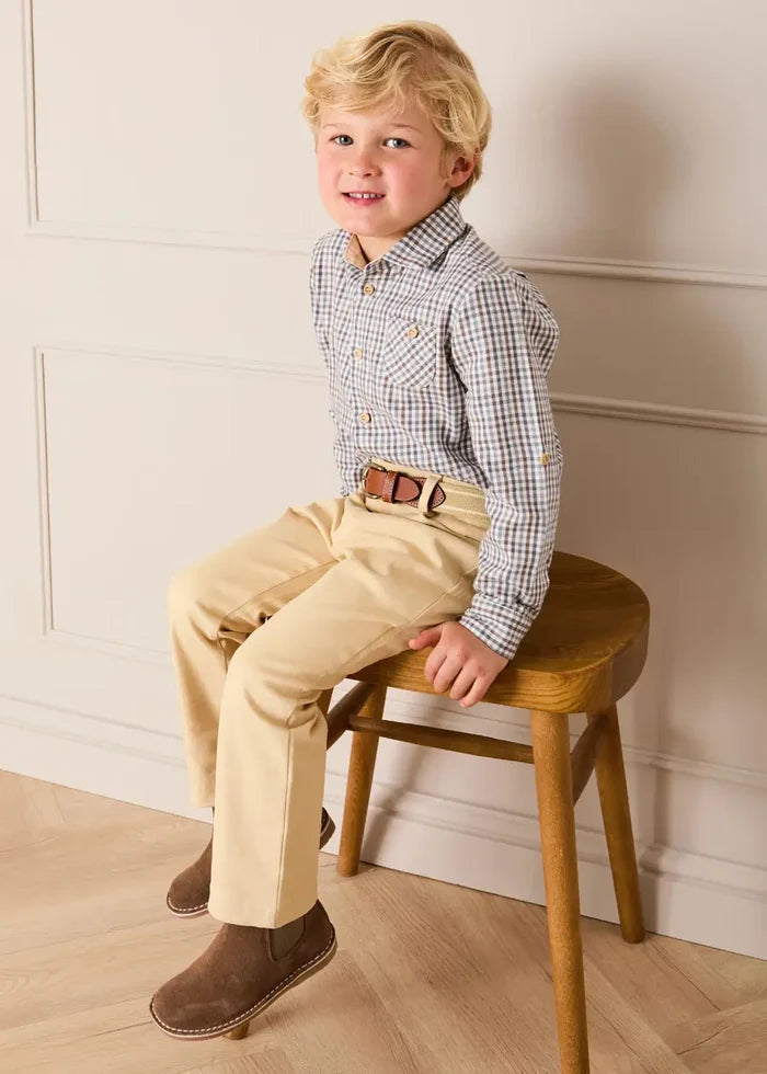 Cadogan Houndstooth Polo Collar Long Sleeve Shirt in Beige (3-10yrs) SHIRTS from Pepa London