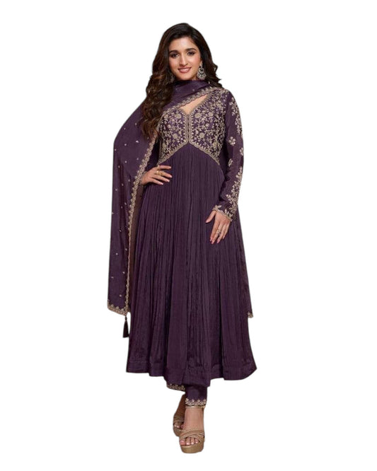 Chiffon - Purple Anarakali  Long Dress with Trousers - Size 14 (Bust 40") - Inside Margin to let out ( 3 to 4")VF66574 TY 1024