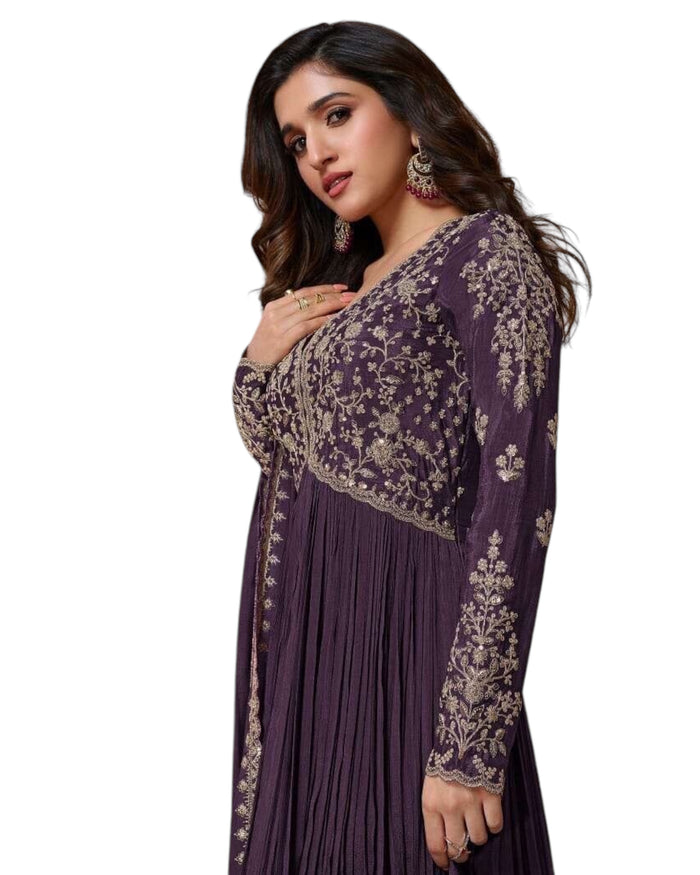 Chiffon - Purple Anarakali  Long Dress with Trousers - Size 14 (Bust 40") - Inside Margin to let out ( 3 to 4")VF66574 TY 1024