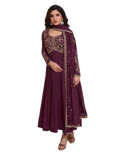 Chiffon - Wine Anarakali  Long Dress with Trousers - Size 12 (Bust 38") - Inside Margin to let out ( 3 to 4")VF66572 TY 1024
