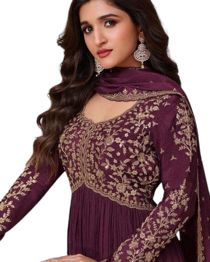 Chiffon - Wine Anarakali  Long Dress with Trousers - Size 12 (Bust 38") - Inside Margin to let out ( 3 to 4")VF66572 TY 1024