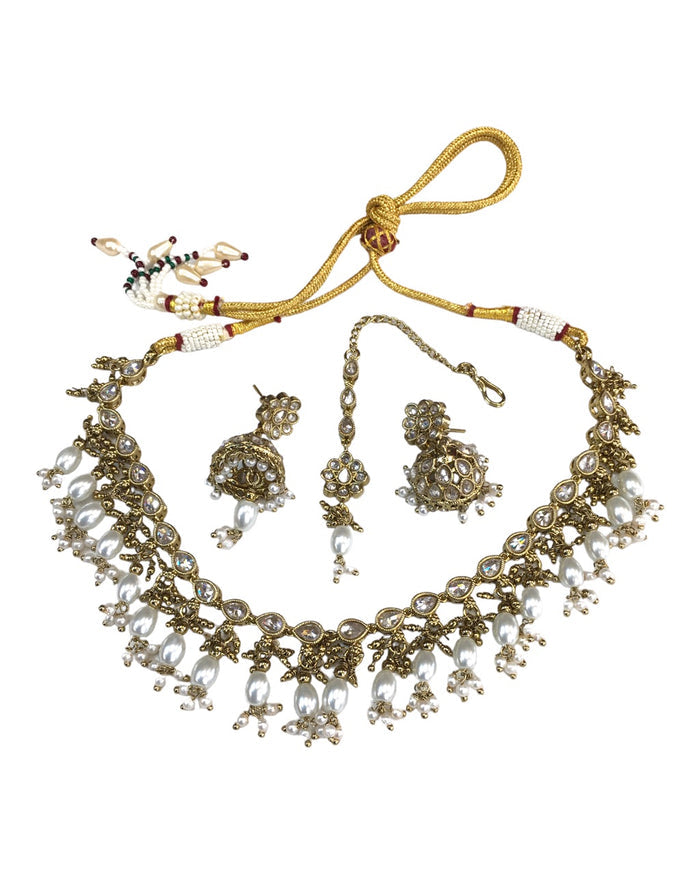 Clear White - Antique Gold Finish Choker Necklace set - Bollywood - Weddings - HB972 KY 0523