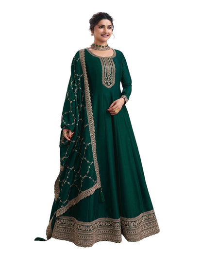 Cotton / Silky Bottle Green Anarakali  Long Dress with Trousers - Size 14 (Bust 40") - Extra Margin inside - VF67745 TY 1024