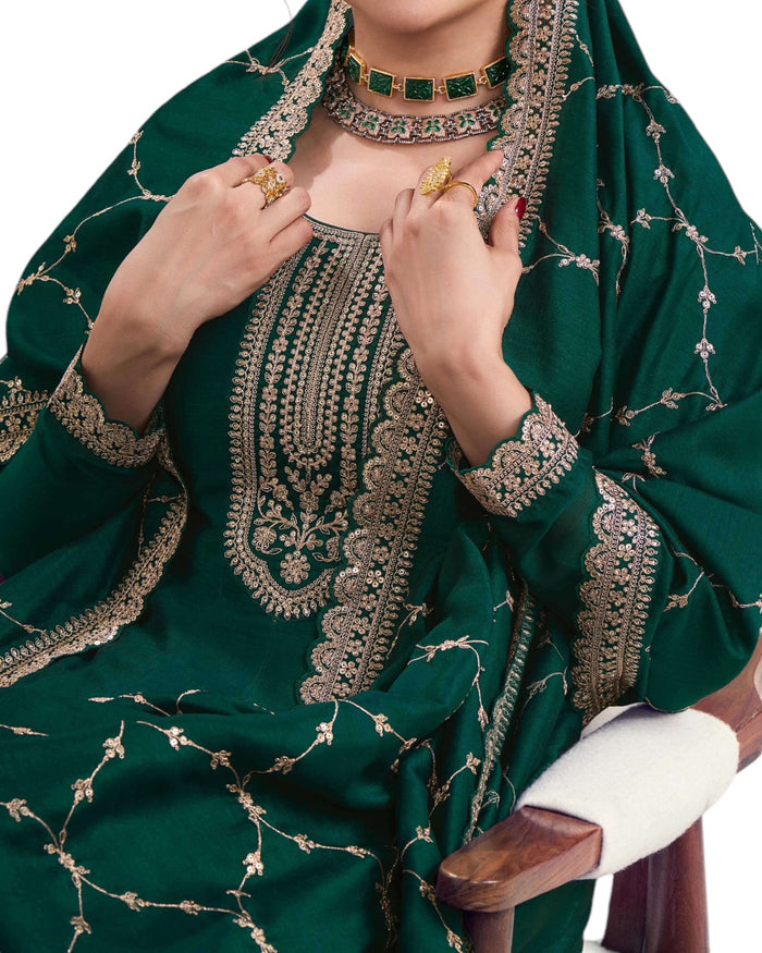 Cotton / Silky Bottle Green Anarakali  Long Dress with Trousers - Size 14 (Bust 40") - Extra Margin inside - VF67745 TY 1024