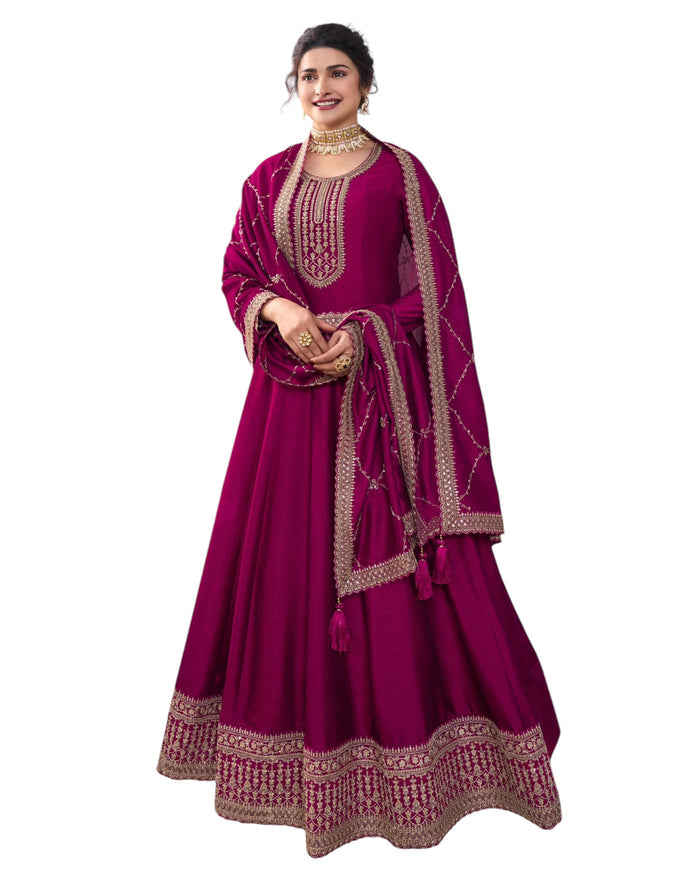 Cotton / Silky Magenta Pink Anarakali  Long Dress with Trousers - Size 14 (Bust 40") - Extra Margin inside - VF67742 TY 1024