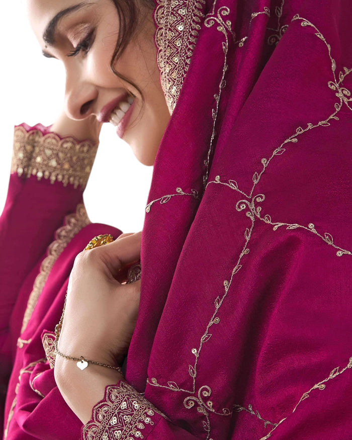 Cotton / Silky Magenta Pink Anarakali  Long Dress with Trousers - Size 14 (Bust 40") - Extra Margin inside - VF67742 TY 1024